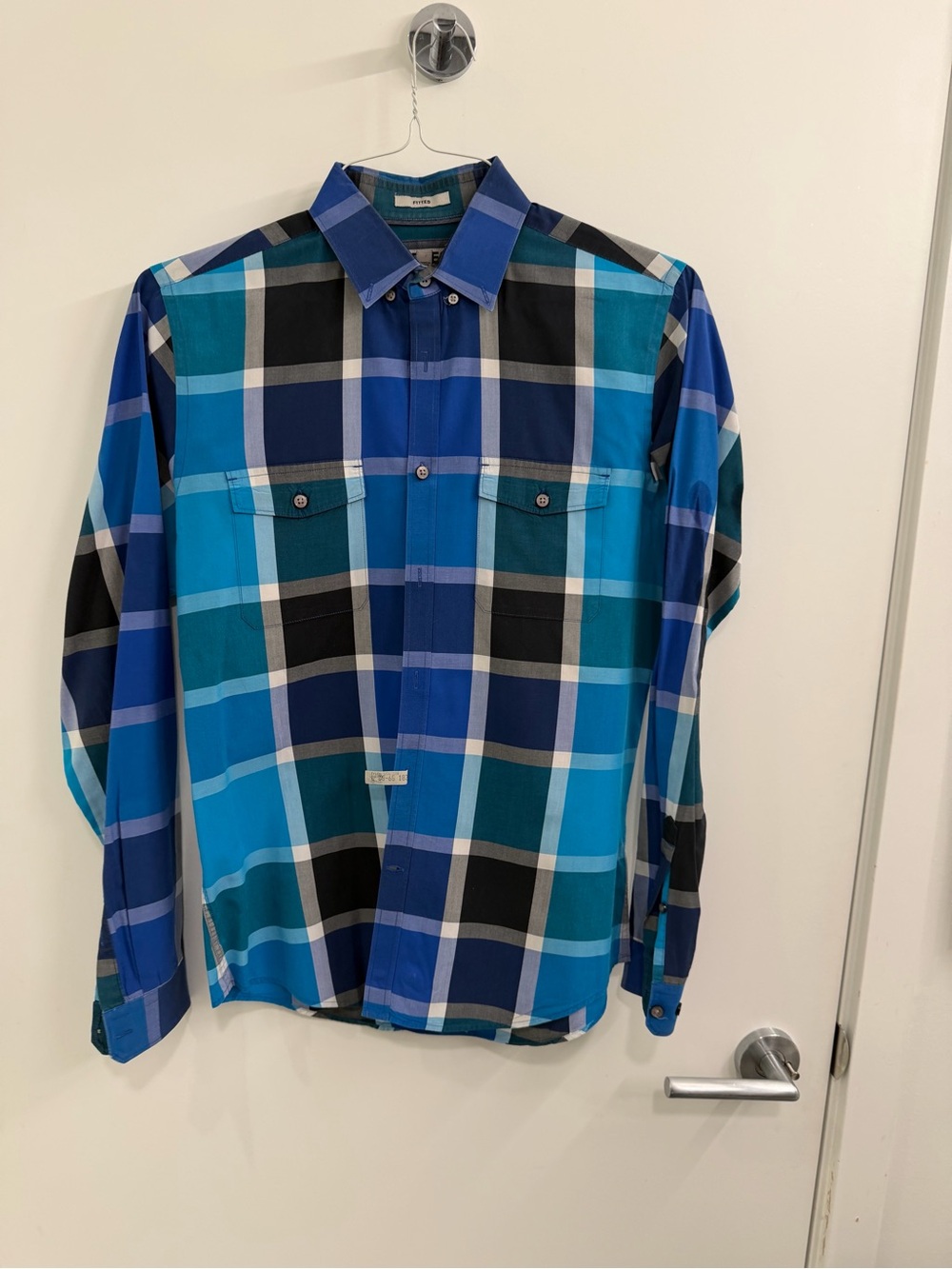 Express Men’s Blue and Teal Plaid Button-Down Shirt